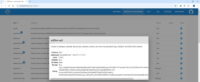 Интерактивный список публичных DNSCrypt серверов