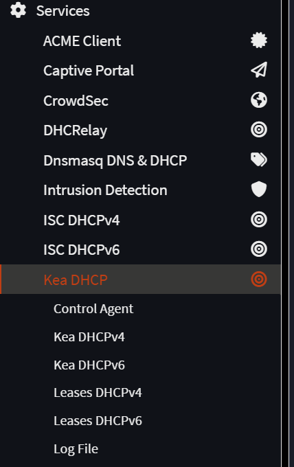 меню в сервисах OPNsense