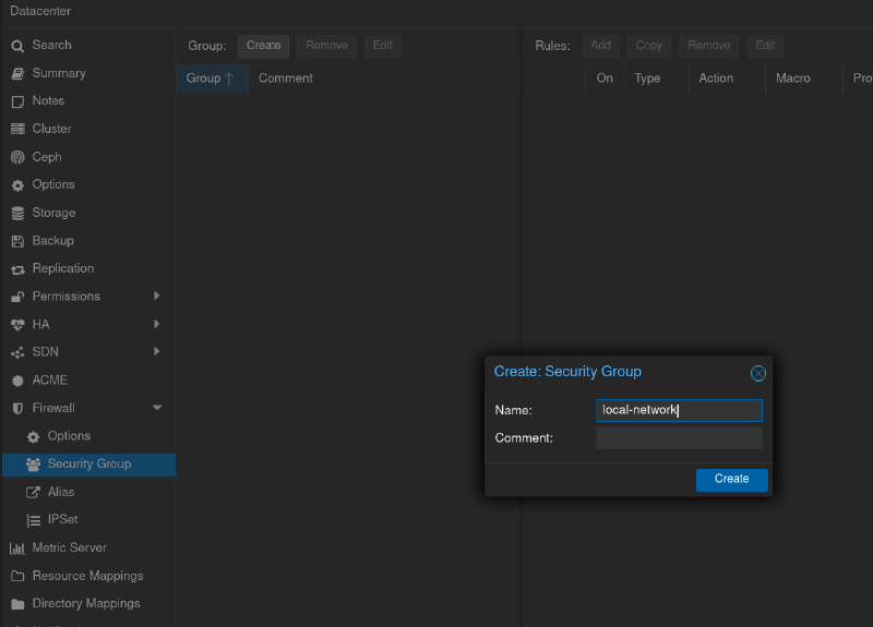 создаем группу для локальной сети