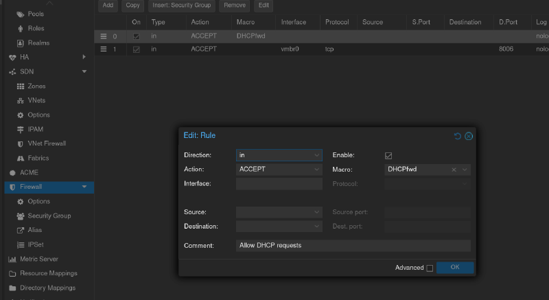 Разрешить запросы по DHCP